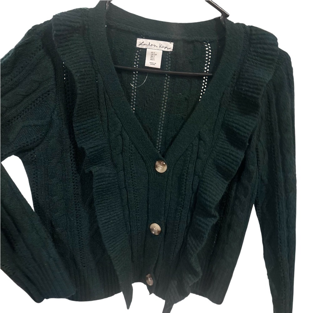 London Kaye Dark Green Ruffled Cardigan Button Sweater Size Small - Picture 7 of 12